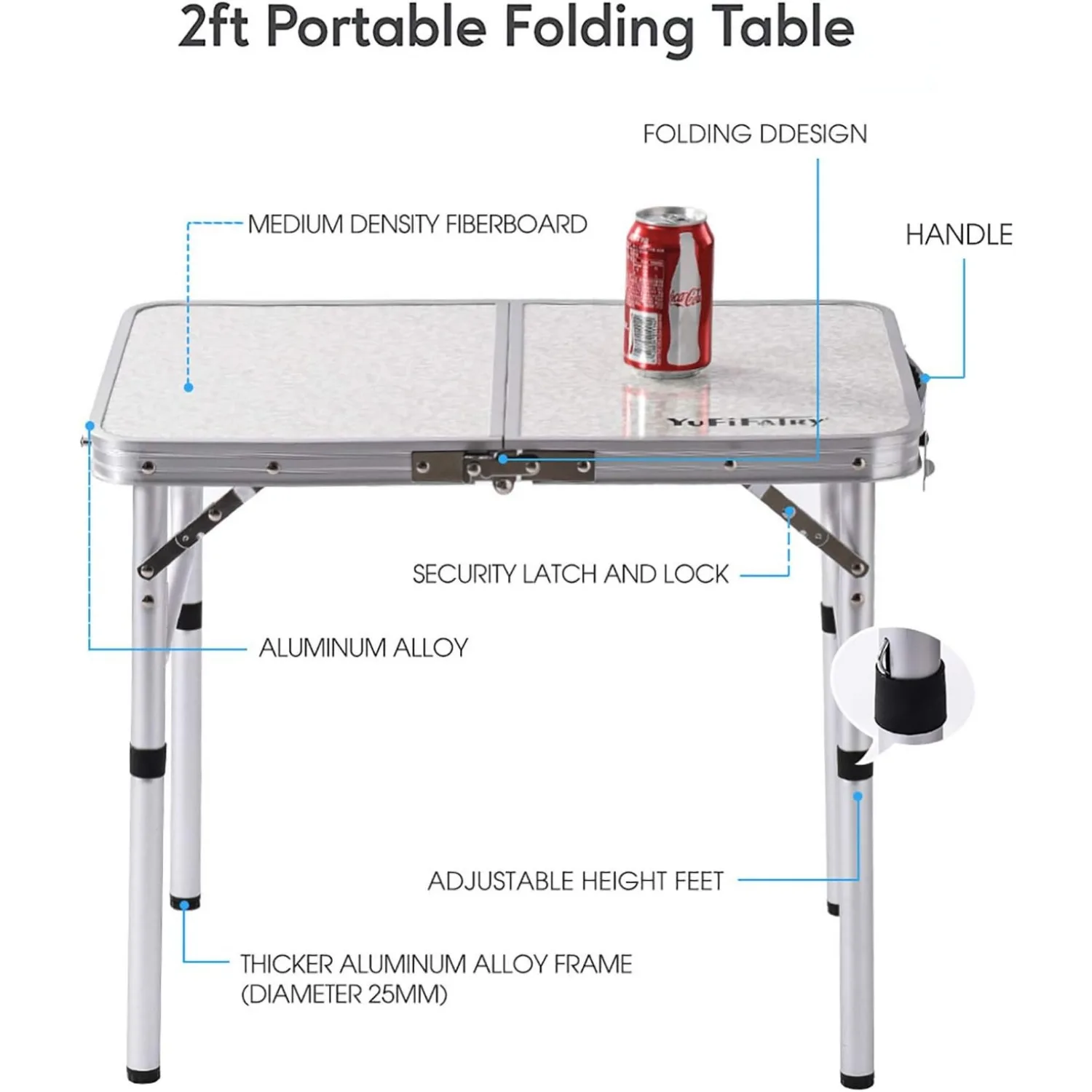 Mesa de acampamento dobrável pequena, 24''L x 16''W com pernas de altura ajustáveis, mesa de jantar de alumínio portátil leve para ambientes internos e externos