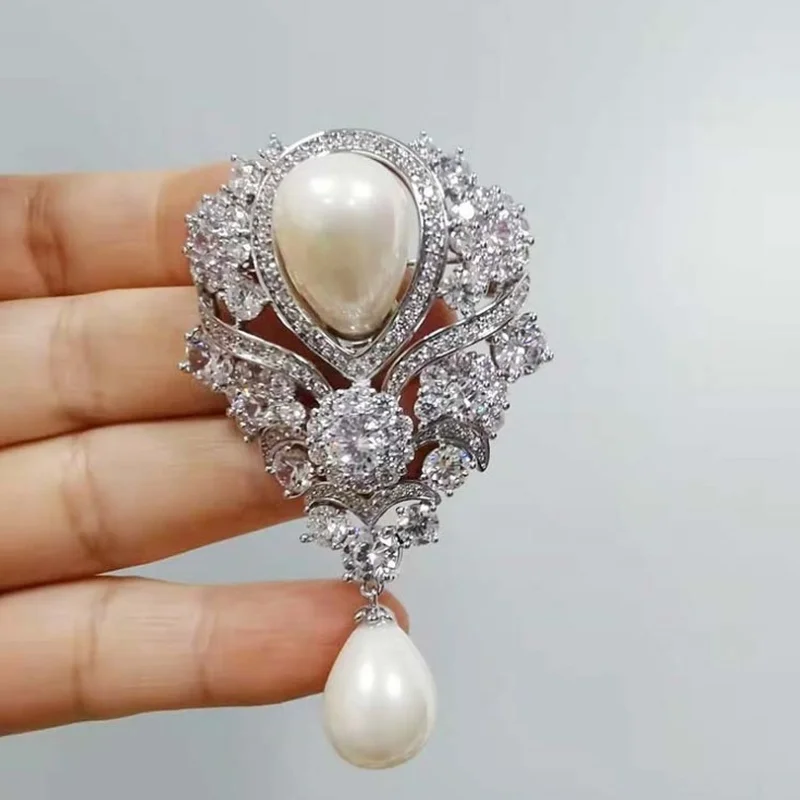 Vintage Ribbon Scroll Imitated Pearl Drop Wedding Bridal Brooches Luxury Jewelry