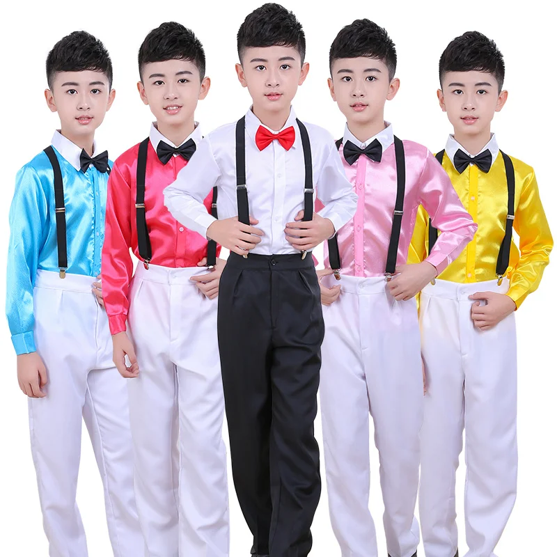 Children's performance attire for male host, suspender, flower boy choir, student recitation attire, glossy finish