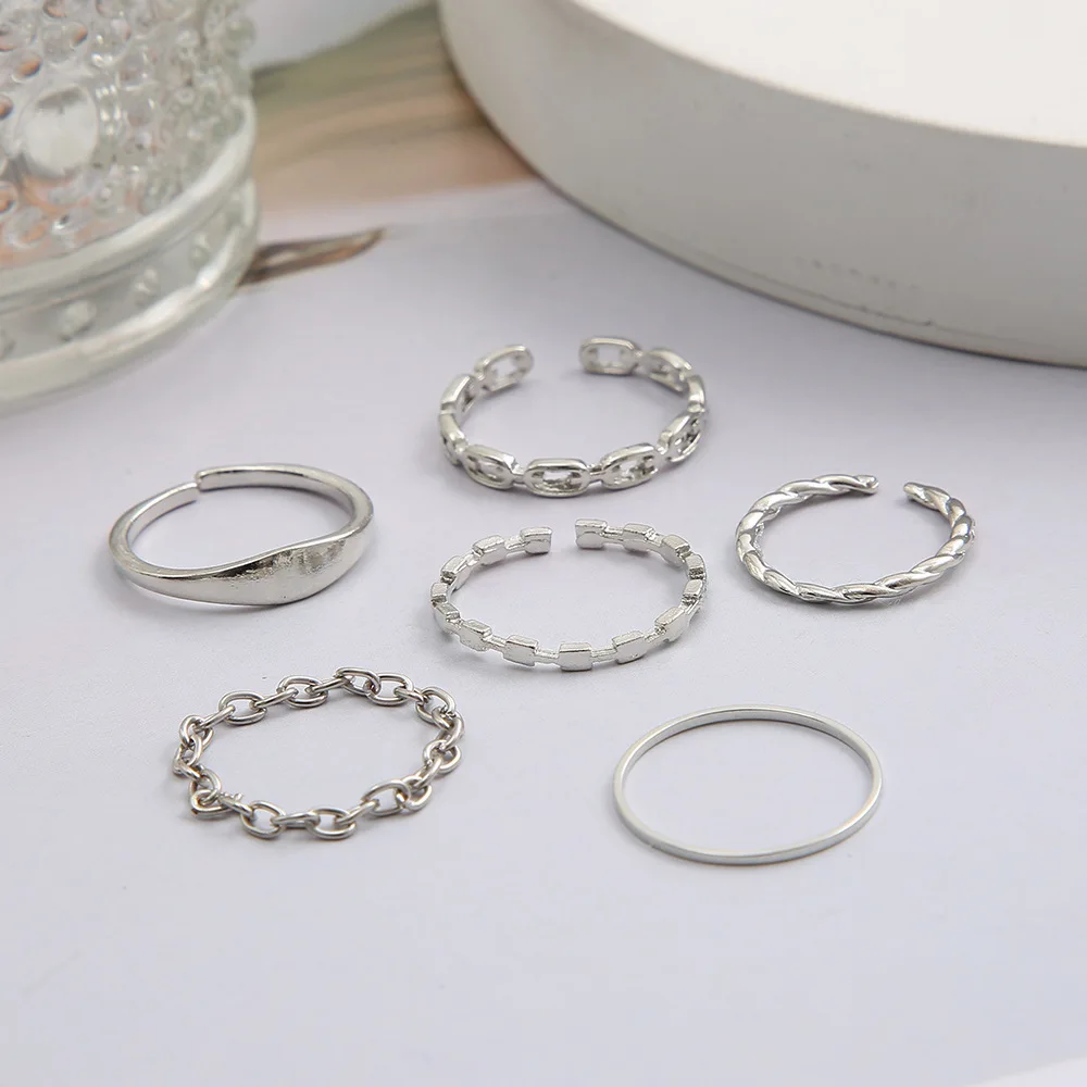 1Set Hot Selling Cold Style Simple and Versatile Plain Ring Chain Opening Ring Six Piece Set for Women's Personalized Jewelry