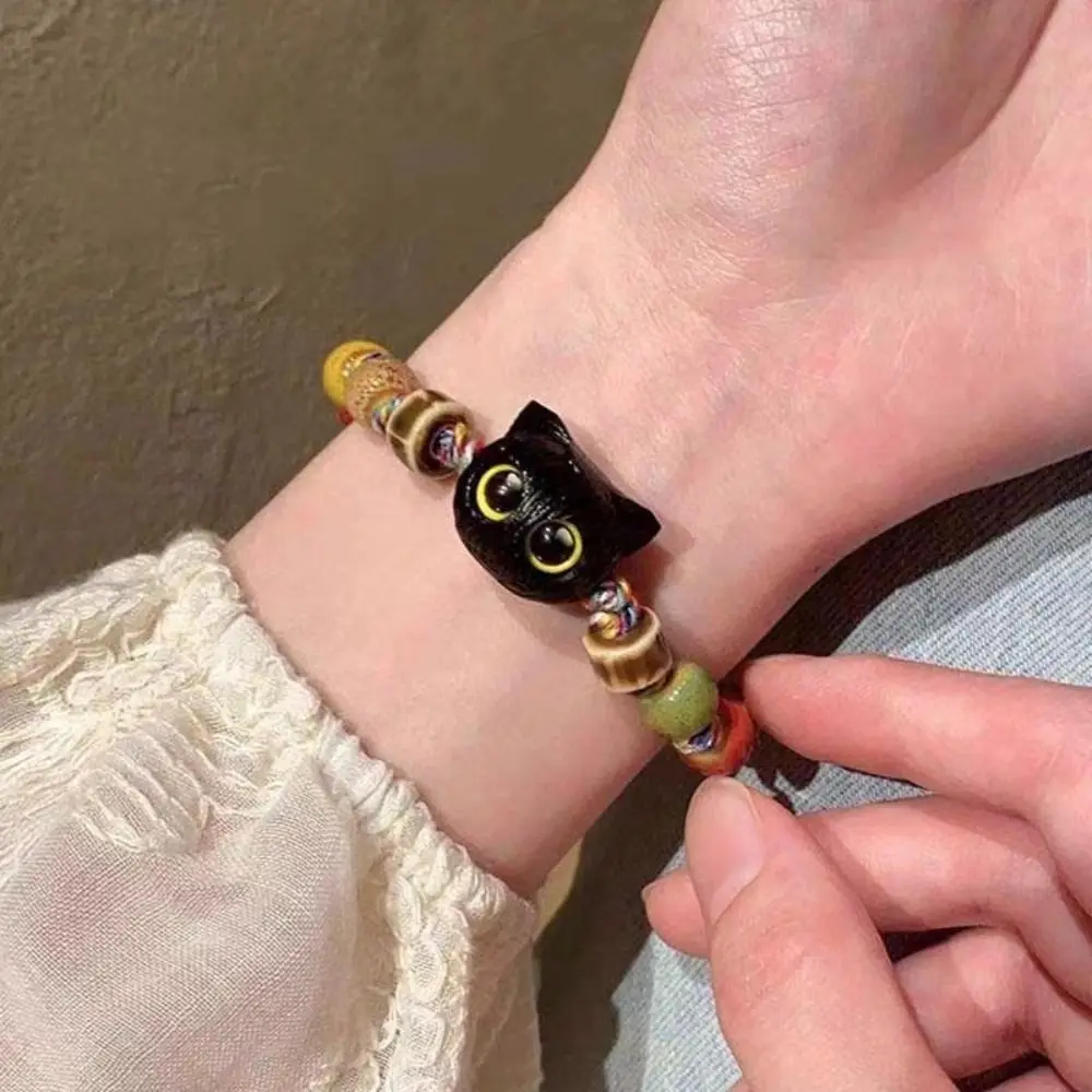 Ceramics Bead Black Cat Bracelet Colorful String New Chinese Style Handmade Bead Bracelet Glass Hand Rope Cartoon Hand Ring
