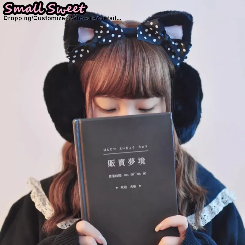 겨울 고딕 펑크 수제 귀여운 리본 다크 따뜻한 고양이 귀 리본 플러시 서브컬쳐 Y2K 소녀 보호 귀마개 액세서리