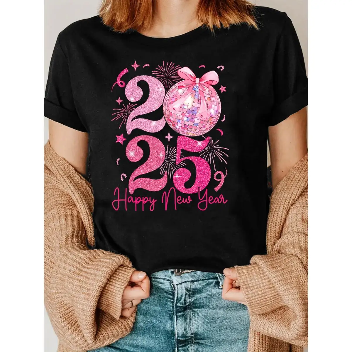 2025 Christmas New Year's Eve Celebration Tee Women's Fireworks Ball Prin Casual Round Neck T-Shirt Stretchy Machine Washable