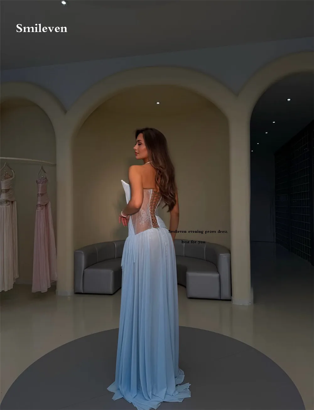 Smileven Himmelblaues, plissiertes Chiffon-Maxikleid, trägerloses Spitzen-Abendkleid, Partykleider, maßgeschneidert
