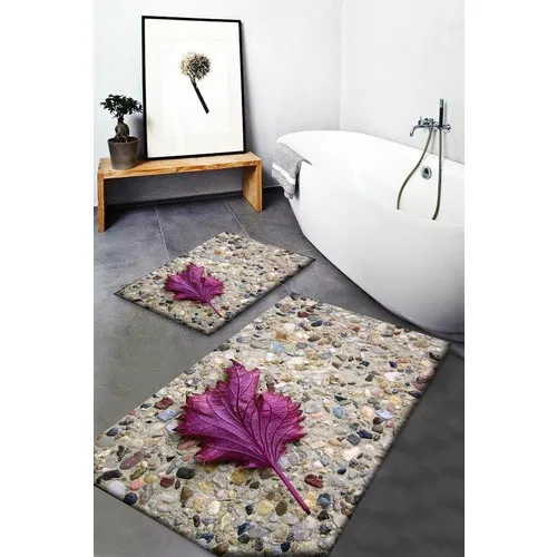 Else Carpet Else Purple Leaf Pattern Washable Anti-Slip Soles 2li Bath Mat Doormat Toilet Seat Pad