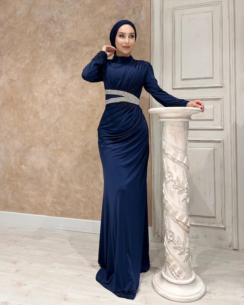 Epoch Lange Prom Dress فساتين السهرة O-hals Elegante Kristallen Riem Moslim Cocktail Feestjurk Voor Sexy Vrouwen 2024