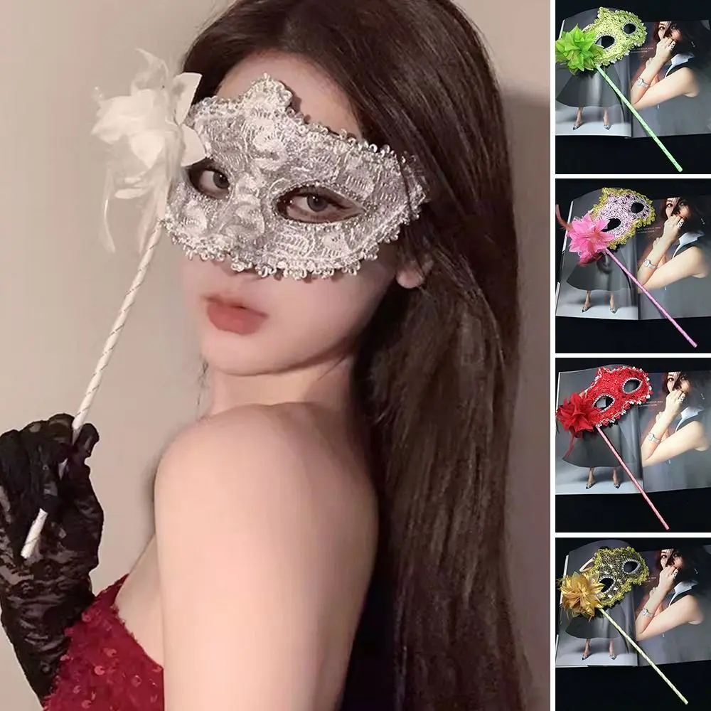 Venetian Party Handheld Masquerade Masks Stick Side Flower Festival Costume Party White Lace Veil With Holding Stick Feather