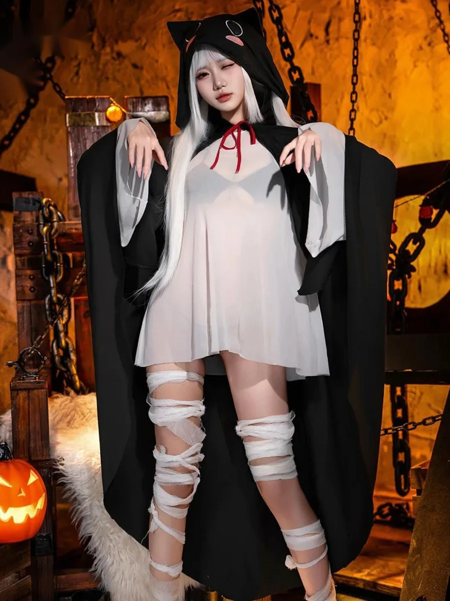 مجموعات مثيرة SM هالوين شبح تأثيري مجموعة مقنعين عباءة مثير يمزح منامة شاش شفاف مثير مجموعات الساحرة الرغبة النقية FZMQ #1