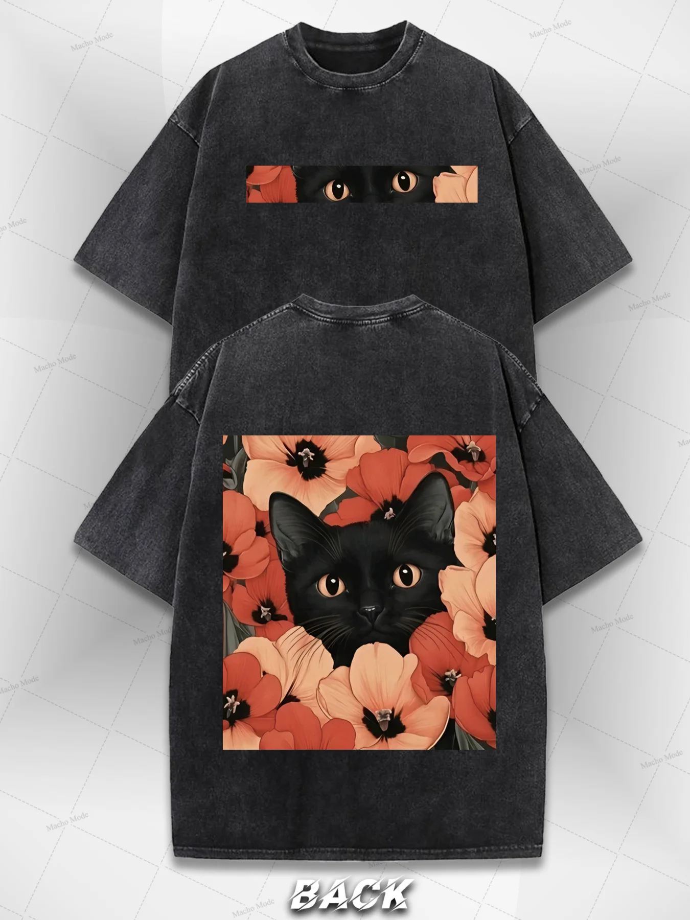 Vintage Washed T-Shirt- Black Cat and Floral Print(Front/Back)- Y2K Street Style- Loose Fit Unisex Top- Soft Beige Base Material- Everyday Casual Shirt- Machine Washable for All Seasons, Street Trend, Retro Aesthetics, Comfortable Mate