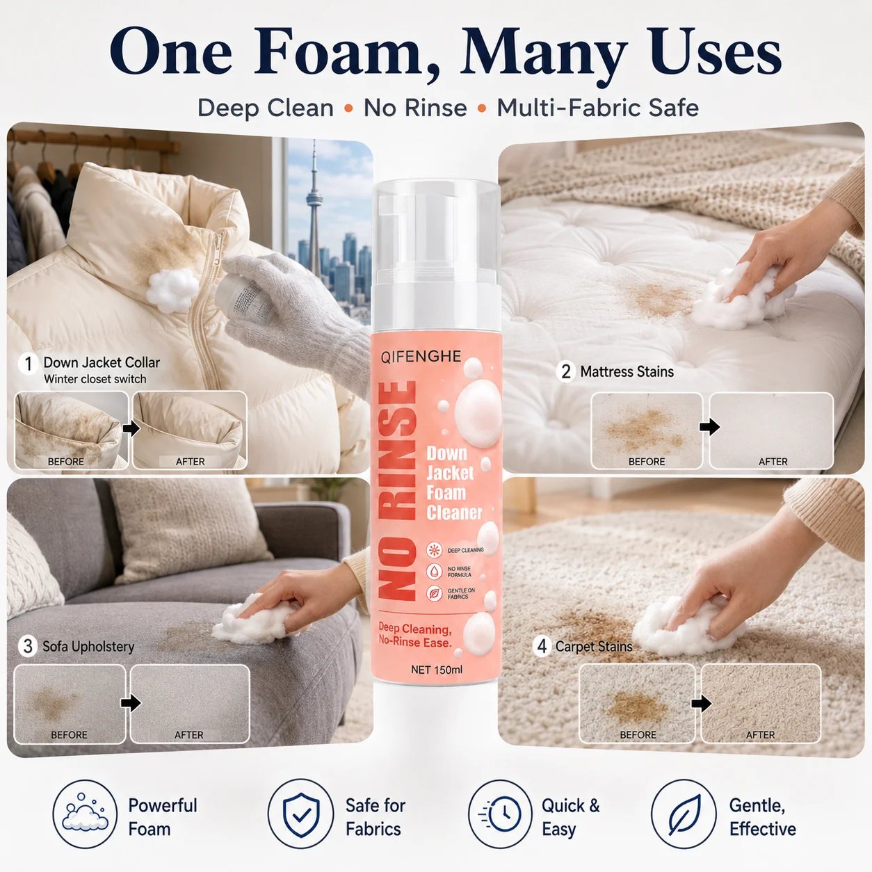 Down Jacket Foam Cleaner 150ml - Deep Stain Remover, No-Wash, Fast Dry, Multi-Surface