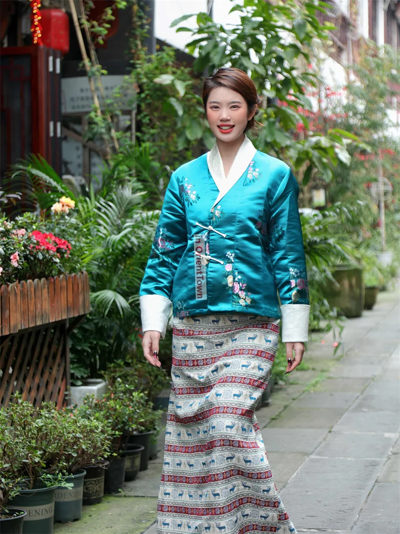 Ropa tradicional tibetana para mujer, abrigo de baile al aire libre + conjunto de falda, prenda de señora joven, traje diario informal del Tíbet mejorado TP073