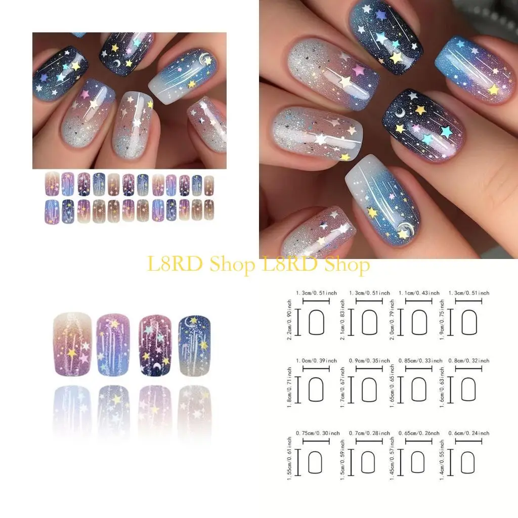 L8rd 24pcs عصا مربعة متوسطة على مسمار القمر نجم لامع تصاميم كاذبة للنساء