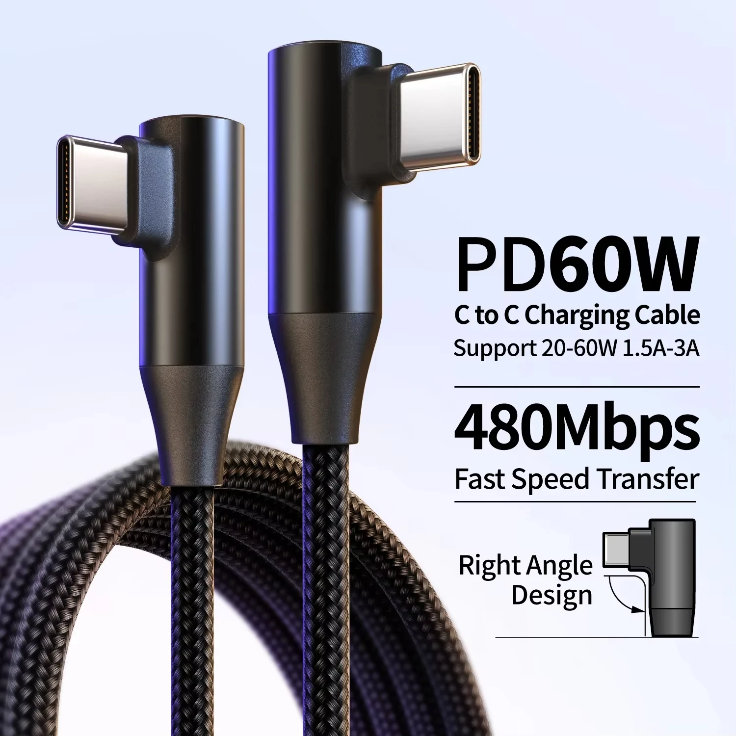 

90° Angled Design Nylon Braided USB-C to Type-C 60W 3A Fast Charging Cable For iphone 15 16 17 pro max tablets headphones xiaomi