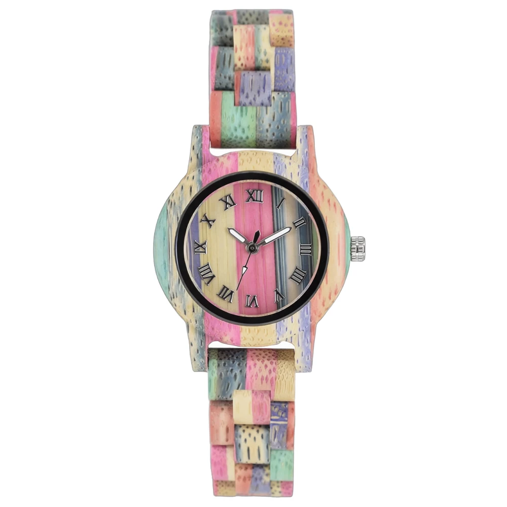 Fashion Roman Numerals Quartz Watch for Women with Colorful Bamboo and Luminous Fold Clasp Wristwatch