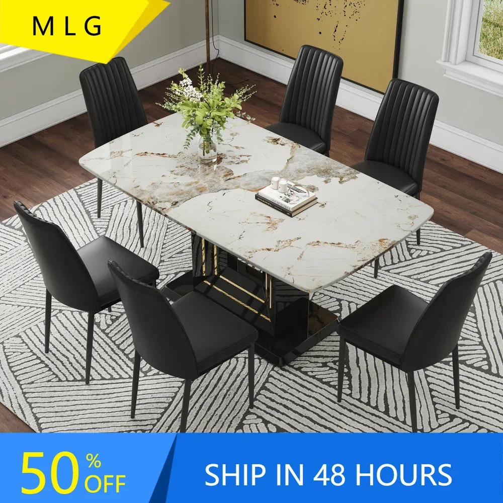 

7 Piece Dining Table Set for 6,Faux Marble Top Dining Room Table, 6 PU Dining Chairs, for Room Kitchen, Black+White