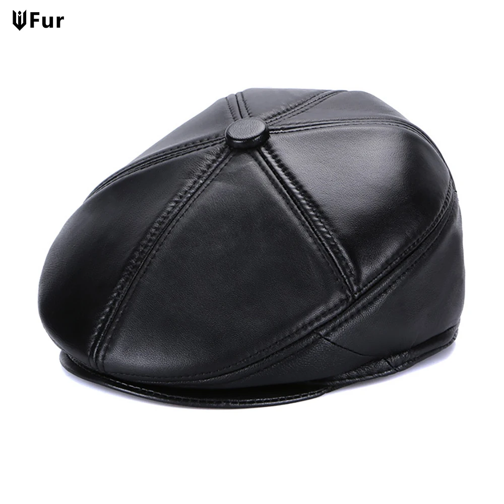 

2025 Hot Sale Real Sheep Leather Berets Man Black Casual Duckbill Hats Vintage Luxury 100% Genuine Leather Winter Warm Flat Caps