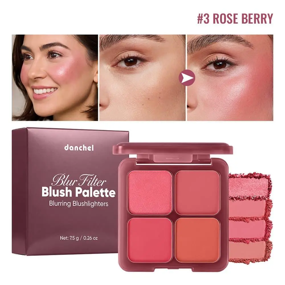 DANCHEL Soft Pink Blush Palette 3 Matte Blush 1 Shimmer Highlighter Soft Focus Pore Blurring Smooth Non Cakey Cheek Makeup