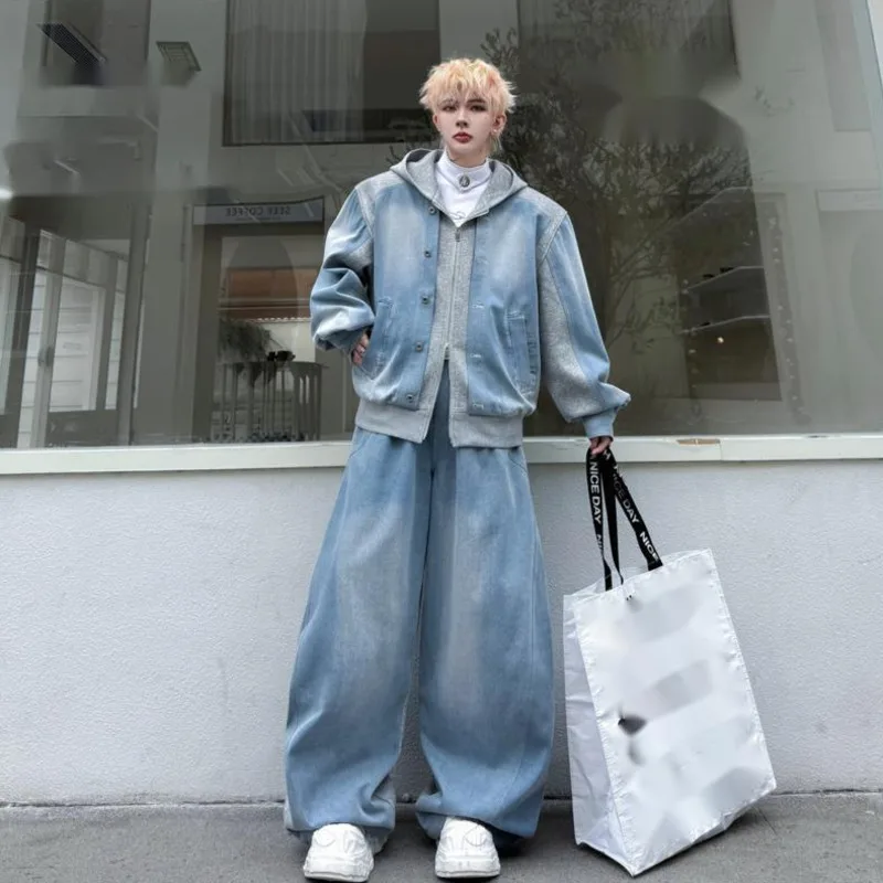 WVGA 2026 Spring New Men Hooded Patchwork Color-Block Trendy Denim Jacket Niche Chic Casual Wide-Leg Jeans Two Pieces Set W18881