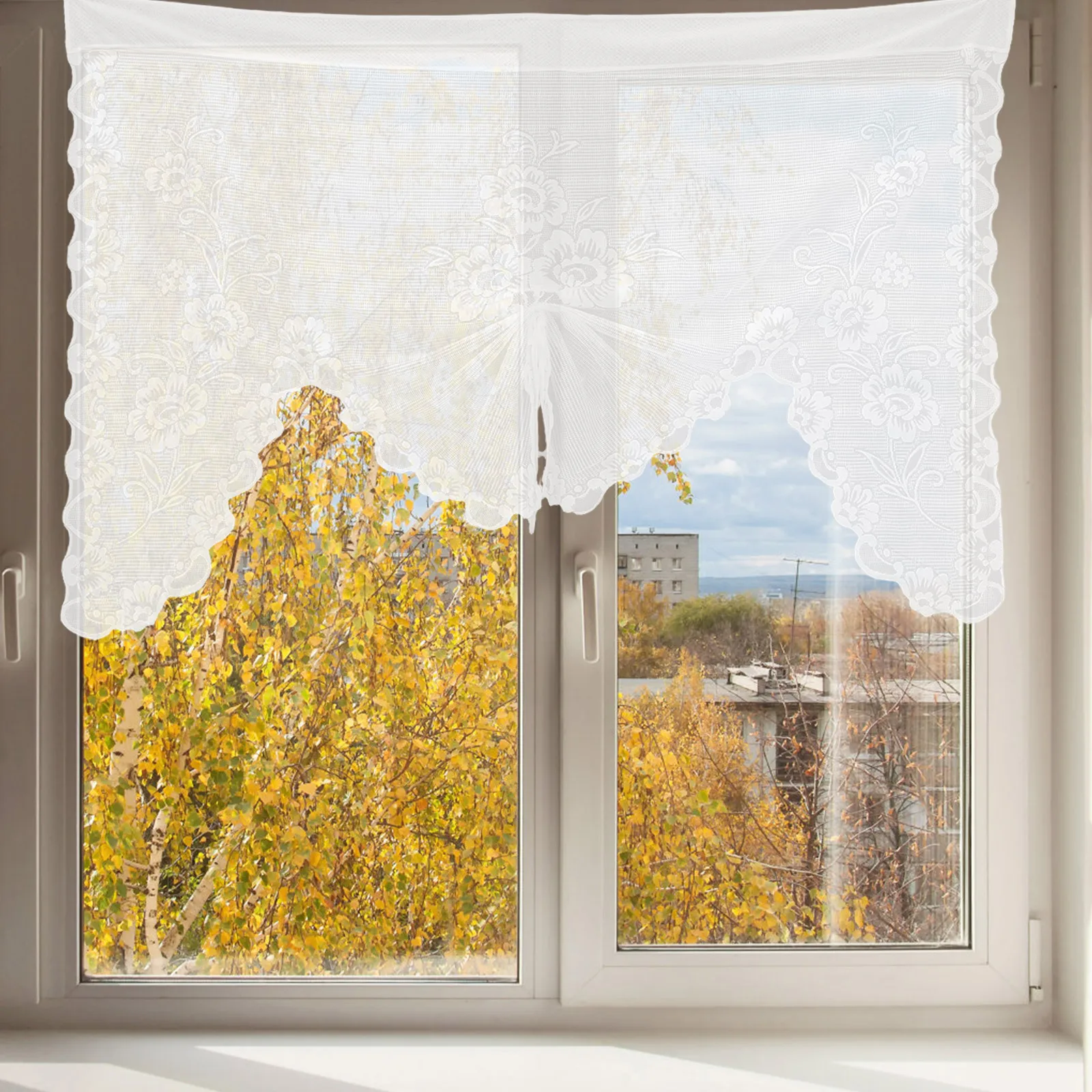 

Butterfly Pull-Up Curtain Valance: White Floral Lace Sheer Swag For Kitchen Bedroom Window Rod Pocket Semi-Sheer Drapes