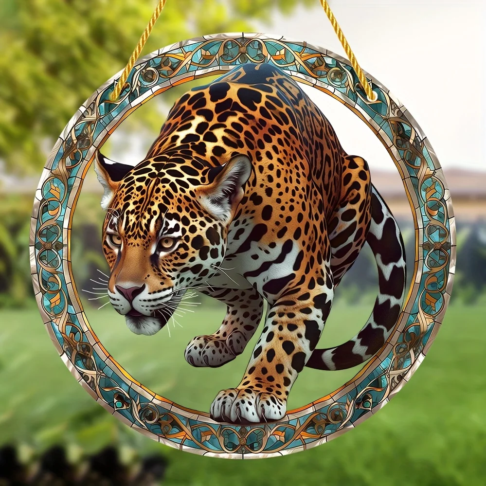 Jaguar-Themed Stained Glass Window Hanging-Round Acrylic Sun Catcher,Perfect For All Seasons,Indoor&Outdoor Decor,Home&Garden