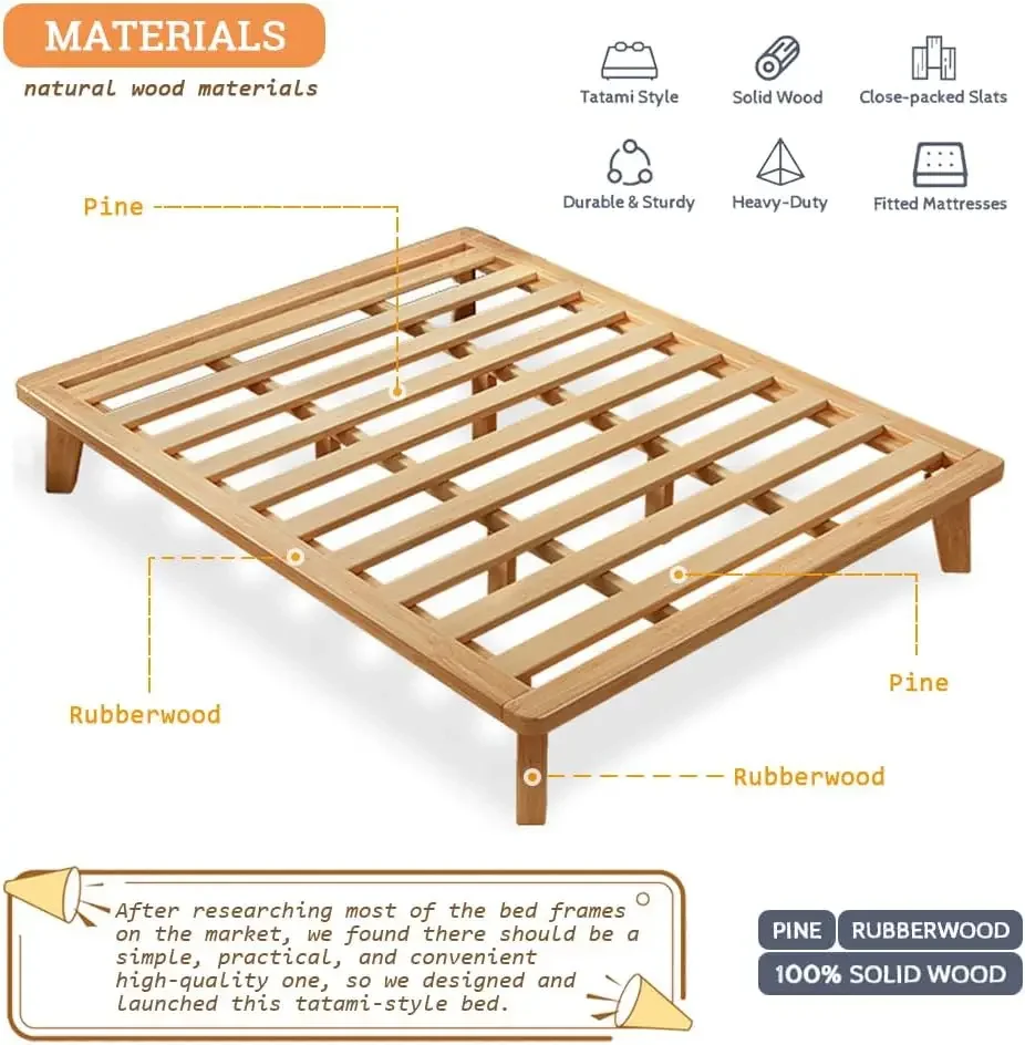 Queen Platform Bed Base - 14 Inch Solid Wood Mattress Queen-Size Rubberwood Simple Bed Frame，home.