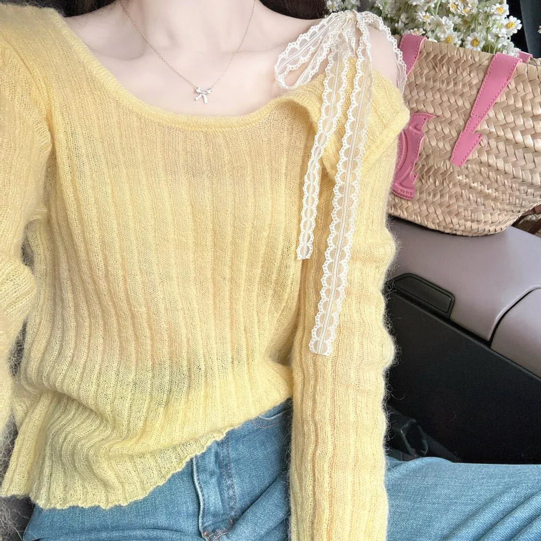 Feminino japonês fora do ombro de malha topo primavera verão nova emenda renda fita design sentido oco fino manga longa topo