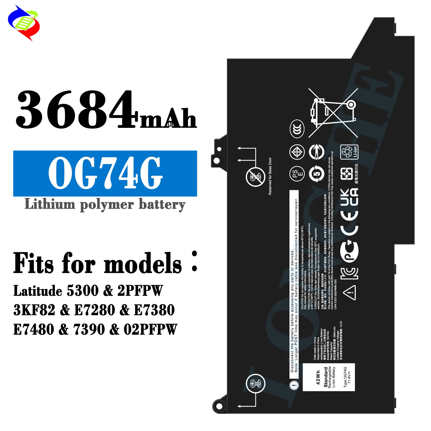 

0G74G 11.4V 42Wh Laptop Battery for Dell Latitude 5300 5310 7300 7400 Series OG74G 02PFPW Replacement Notebook Battery