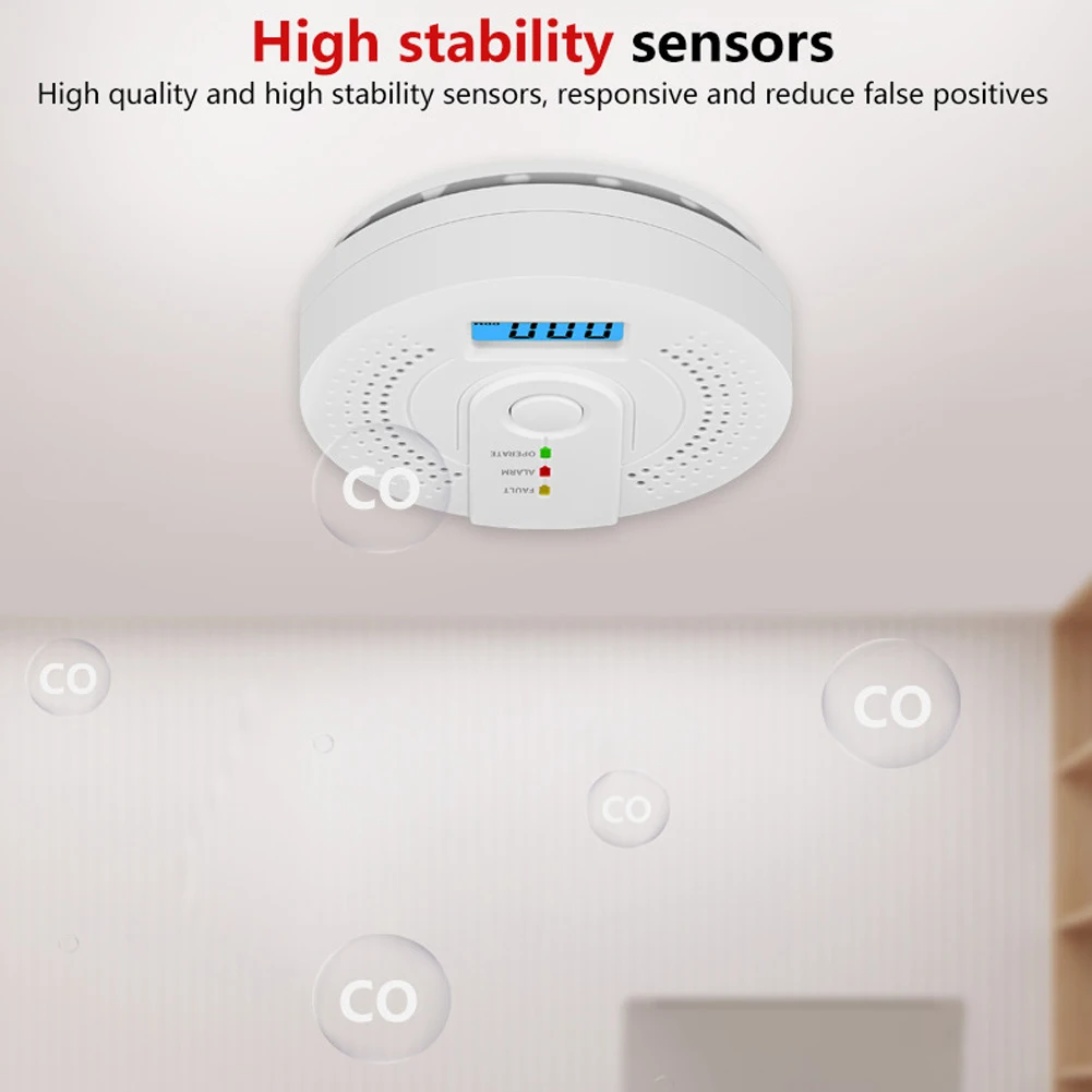 Rilevatore di monossido di carbonio Allarme monitor gas CO Rilevatore sensore CO alimentato a batteria con display digitale a LED per la casa, test di deposito