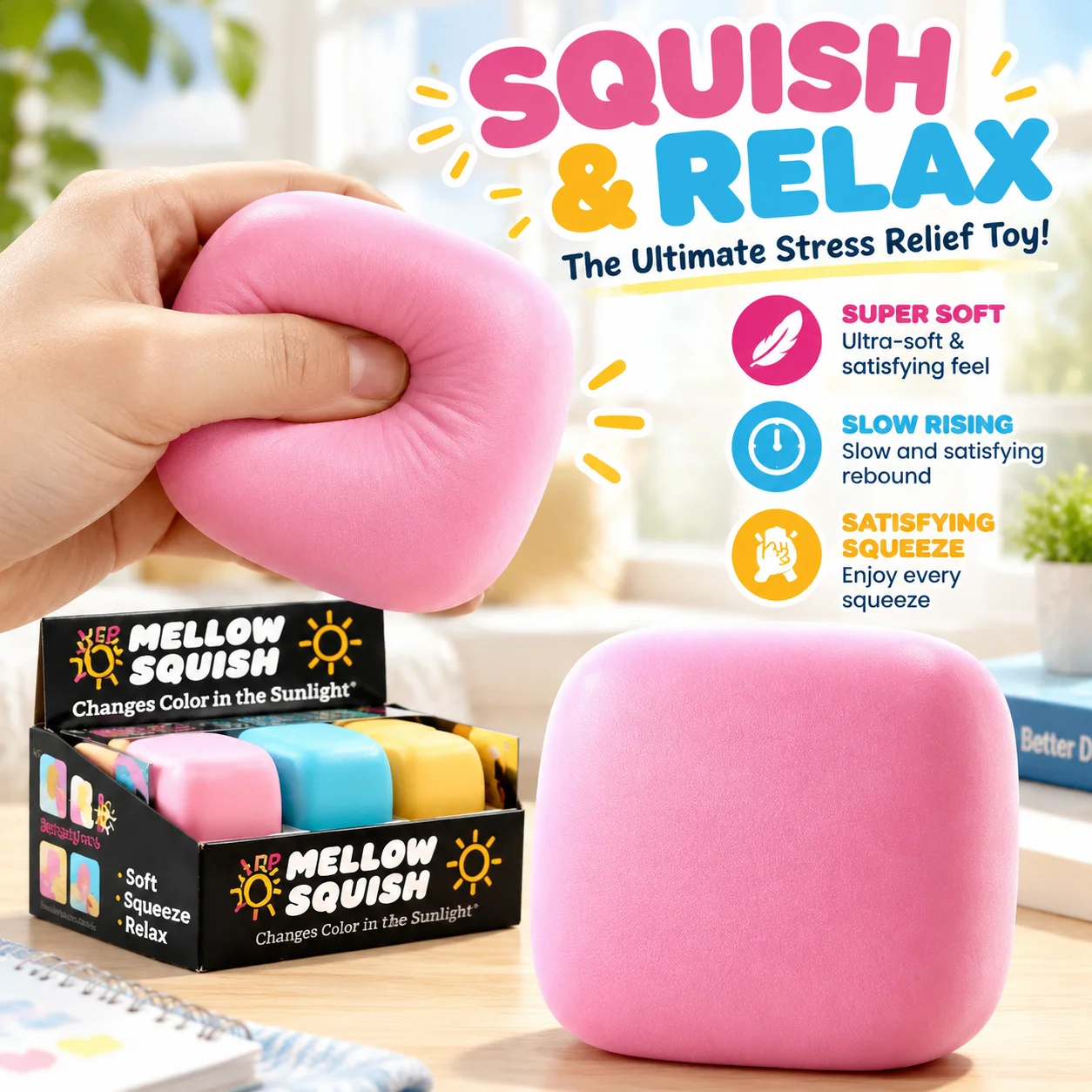 Mello Mallo Needoh Squishy Fidget Toy UV Reactive Sun Color Changing Stress Relief Anti Anxiety Non Toxic Soft Squeeze Stress