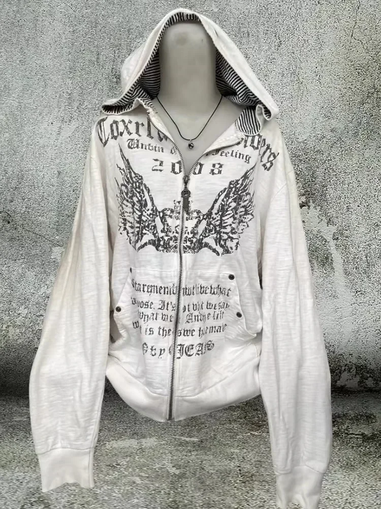 2024 Grunge Print Slim Waist Y2k Hoodies Hooded Autumn Zip Up Sweatshirts Vintage Women Clothing Casual Fashion Long Sleeve Tops