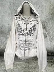 2024 Grunge Print Slim Waist Y2k Hoodies Hooded Autumn Zip Up Sweatshirts Vintage Women Clothing Casual Fashion Long Sleeve Tops