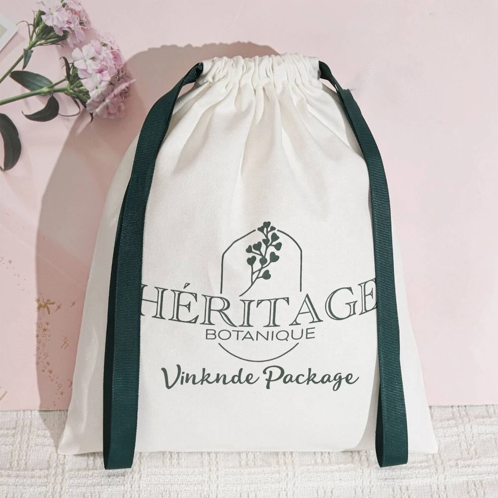 

50pcs Custom Logo Printed Cotton Canvas Bikini Shoe Hat Drawstring Packing Bag Wedding Gift Candy Jewelry Hair Handbag Dust Bags