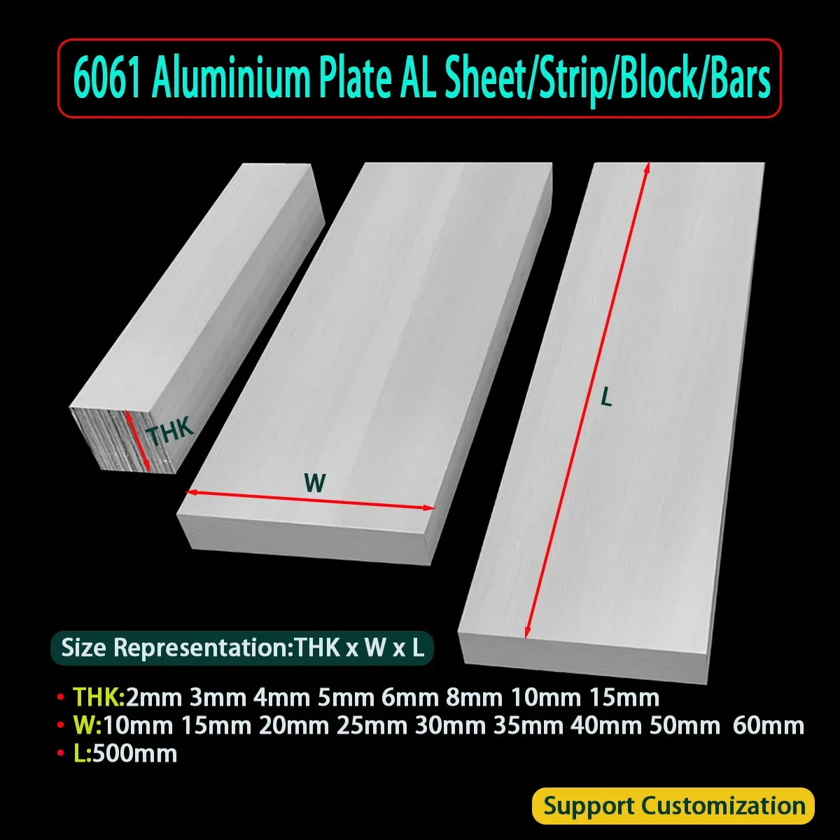 

6061 Aluminium Flat Bar Aluminium Alloy Metal Plate CNC Metal Stock Length 500mm Thick 2mm 3mm 4mm 5mm 6mm 8mm 10mm 15mm