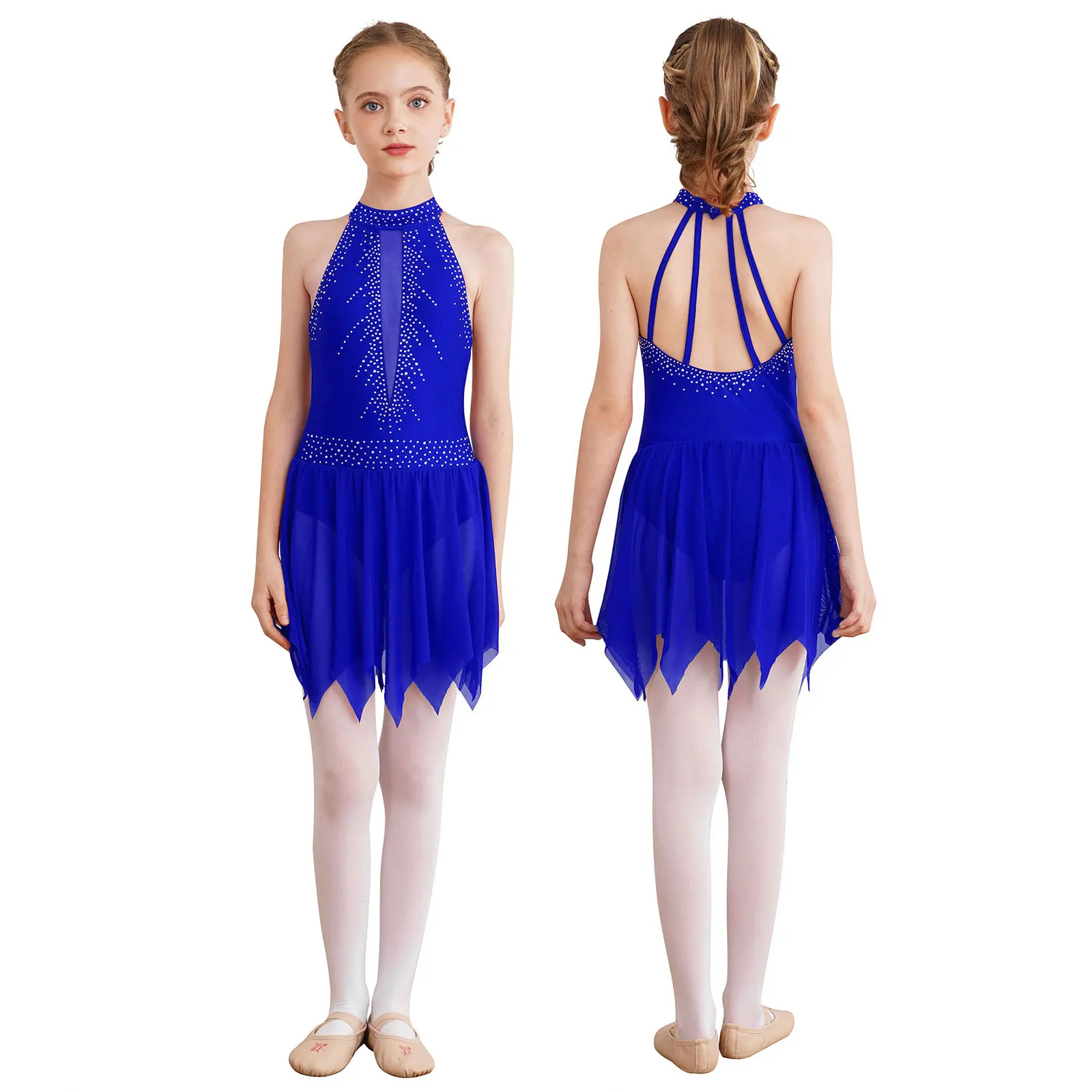 Kids Girls Figure Ice Skating Ballet Dance Leotard Dress Backless Asymmetrical Mesh Skirt Shiny Rhinestone Dance Dress Costume