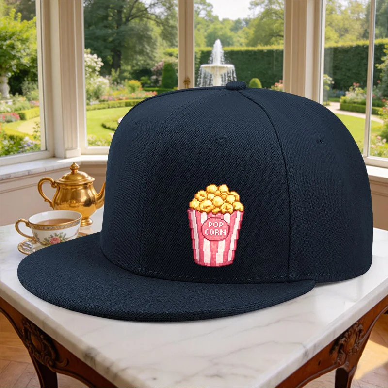 Popcorn Print Adjustable Snapback Cap Unisex Flat Brim Hip Hop Hat for Outdoor Sports Daily Wear