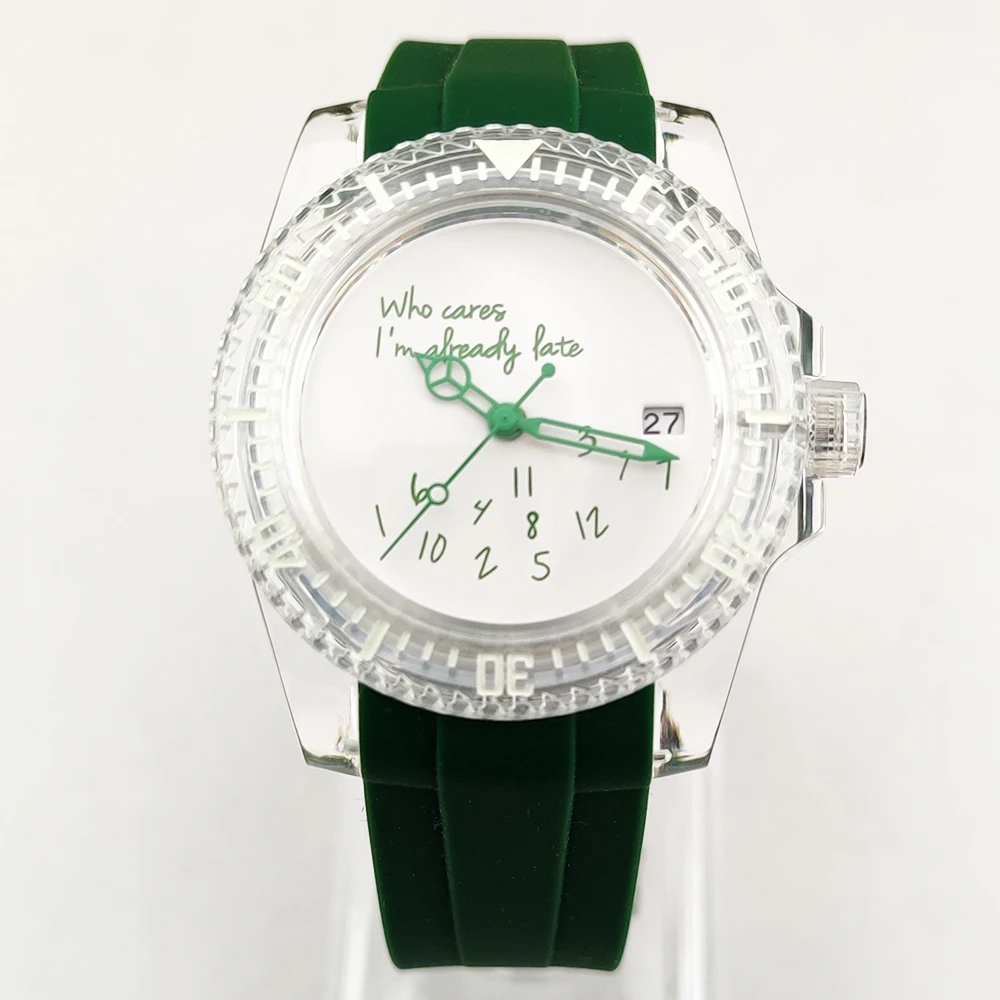 

Часы NH35, 40 мм, с надписью «Кто-то спешит, я уже опаздываю», акриловые прозрачные, мужские, подходят для механизма NH35/36