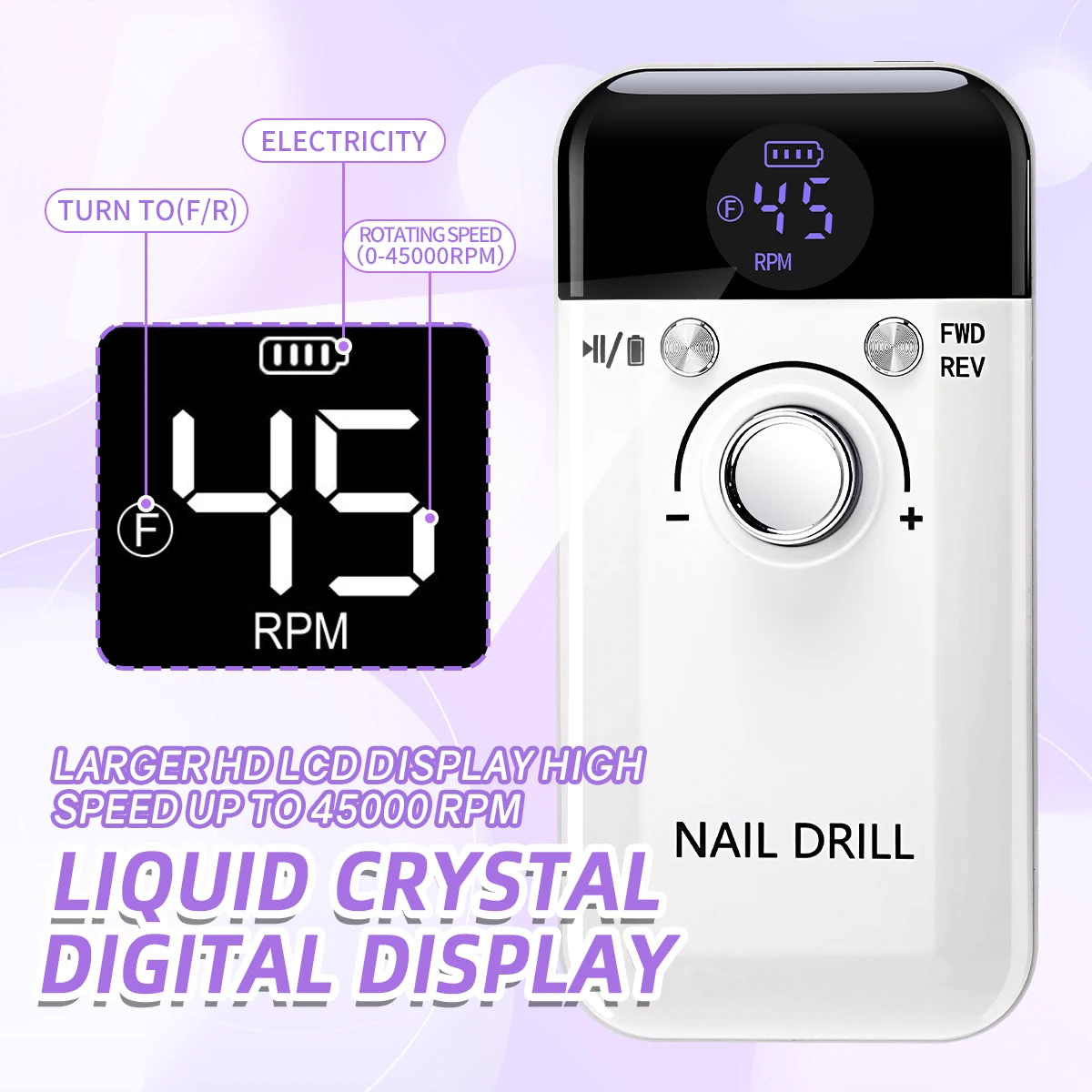 45000RPM Nail Drill Machine Portable Nail Polish Gel Sander Electric Professional Nail Lathe with HD LCD Display Nail Salon Use