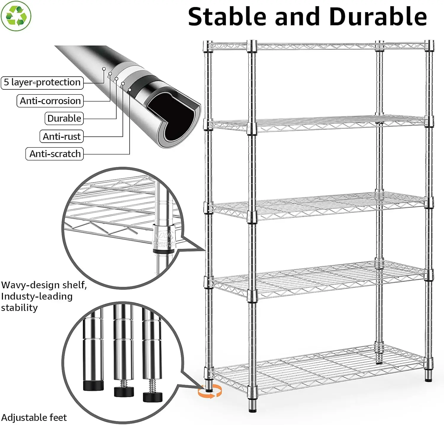 1250 lbs Steel Heavy Duty 5-Tier Utility Shelving Unit Steel Organizer Wire Rack for Home,Kitchen,Office,Chrome (13.7" D x 23.6"