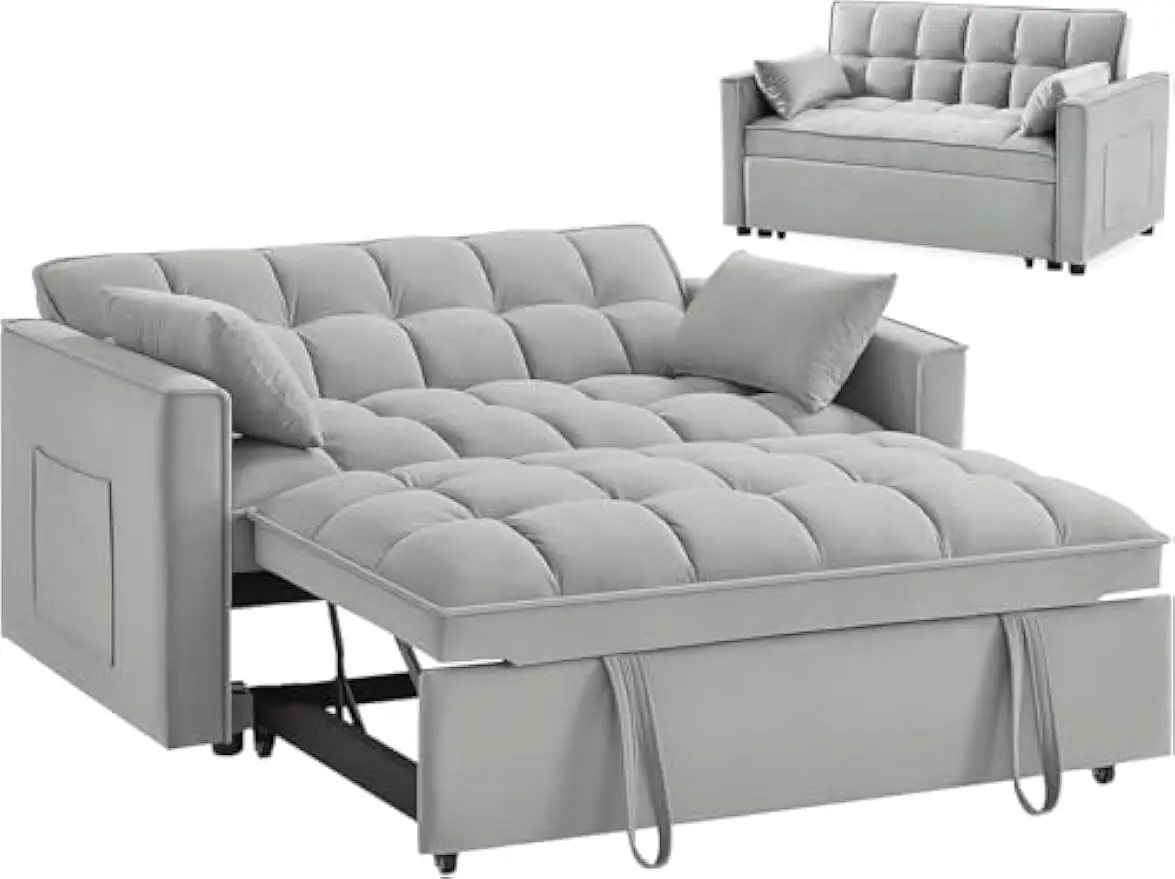 3 in 1 Sleeper Sofa Couch Bed, Velvet Convertible Loveseat Sleeper Sofa with 3 Level Adjustable Backrest, Storage Pockets,