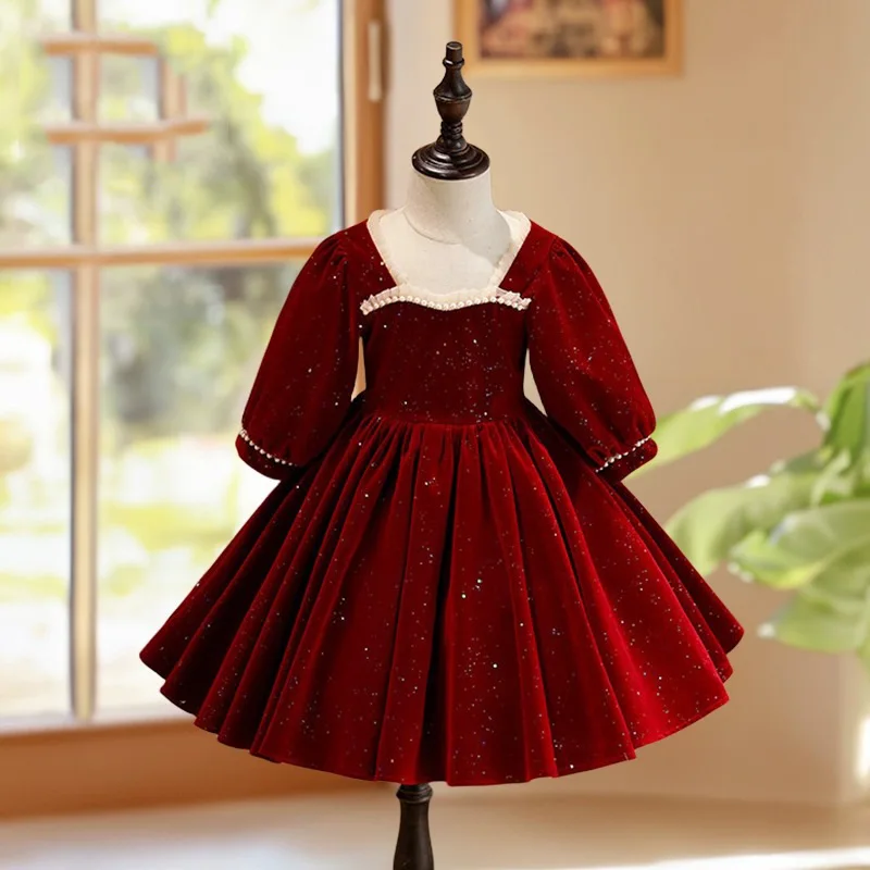 Vestido de baile de lantejoulas de manga longa para meninas, vestido vermelho para crianças, vestidos de festa femininos, traje infantil, 2024