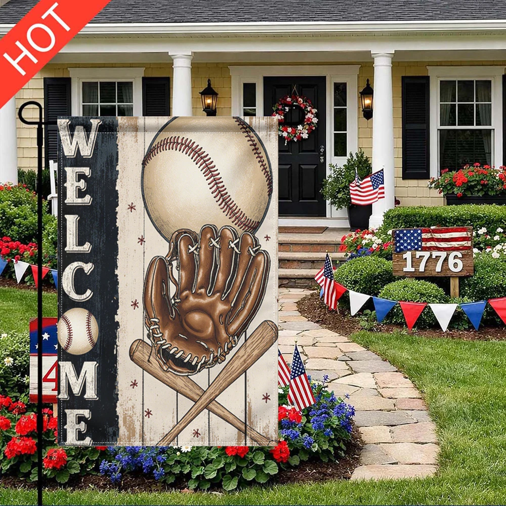 Welcome Baseball Garden Flag Double Sided Print No Flagpole Included, Retro Sports Themed Yard Decor