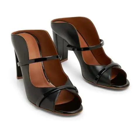 

Black Sliver Nude Matte Leather Round Peep Toe Shell Hollow Sandals Women Patchwork Narrow Band Slingback Chunky Heel Slippers