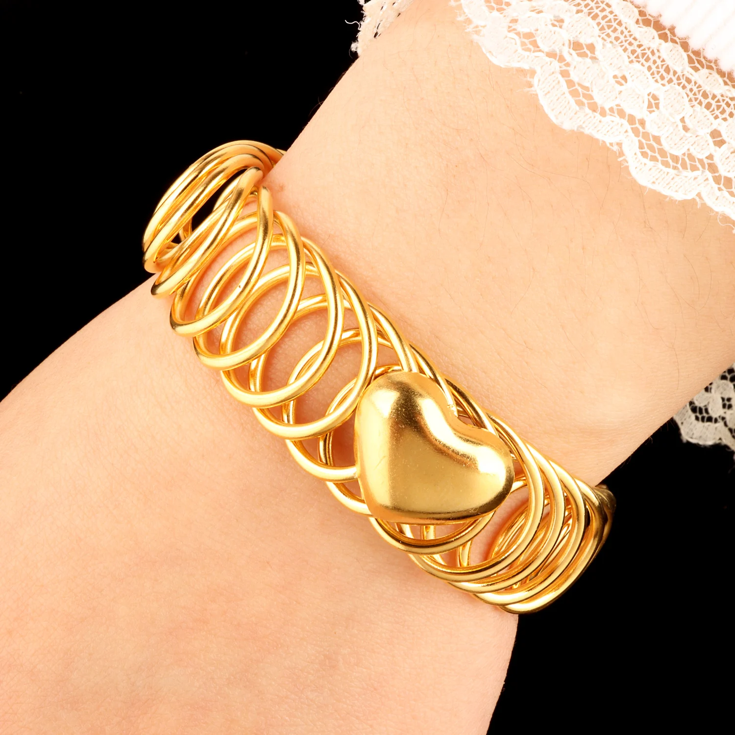 Stacking Dainty Elastic Heart 34 Bracelet for Women Simple Cuff Bangle Silvery Golden Plated Minimalist Jewelry Stainless Steel