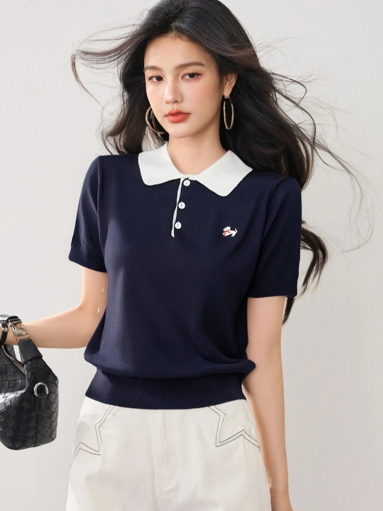 

2025 New Summer Women's Short-sleeved Knit T-shirt Fashion Chic Polo Collar Contrasting Color Pullover Knitwear Tops Casual Tees