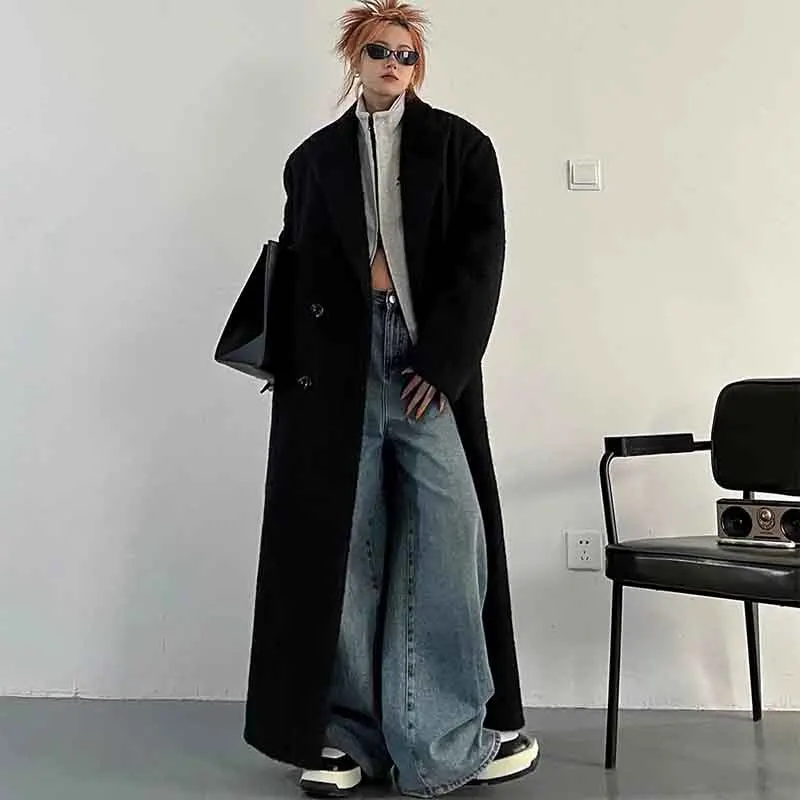 Y2K Autumn Faux Woolen Coats Women Loose Streetwear Lapel Double Breasted Long Jacket Korean Solid All Match Blends Outwear