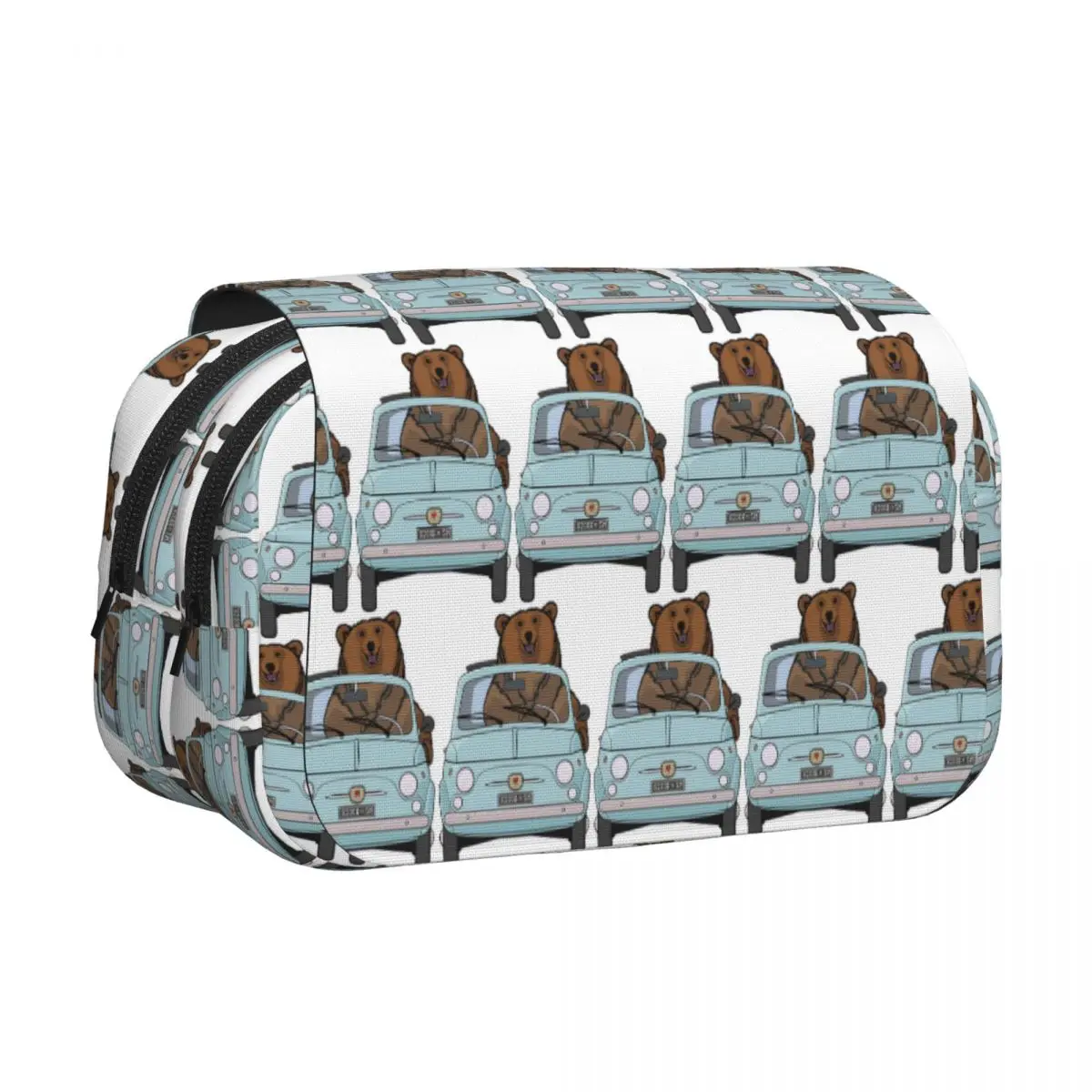 Bear In A Pale Blue Vintage Fiat 500 Pencil Cases Pen Holder Hard Shell Leather Large Storage Pen Box Pencil Bag Boy Girl Gifts
