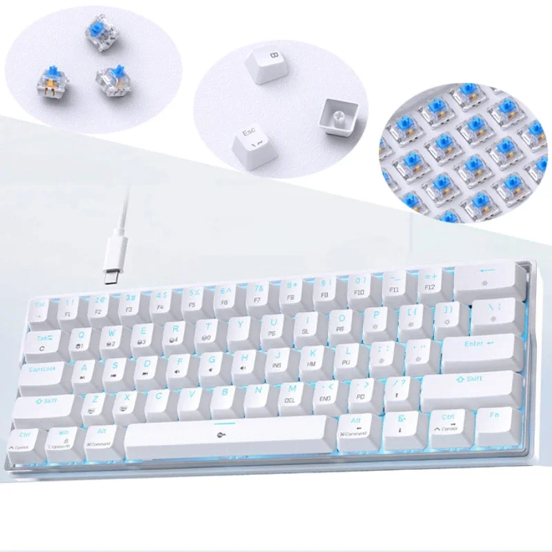 

Mechanical keyboard backlit white gaming wired ergonomic 61 keys keyboards 60% gaming key board wired with backlight blue pc