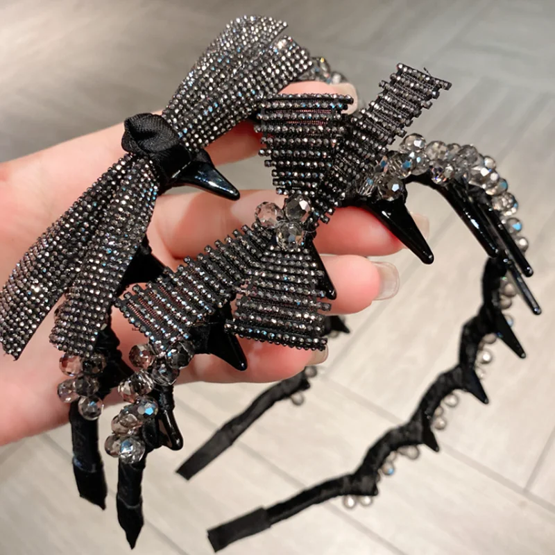 

Ретро-ободок для волос с текстурой, боковым бантом из страз и зубчатым гребнем, украшенный кристаллами и бусинами, женский обруч для волос, аксессуары для волос