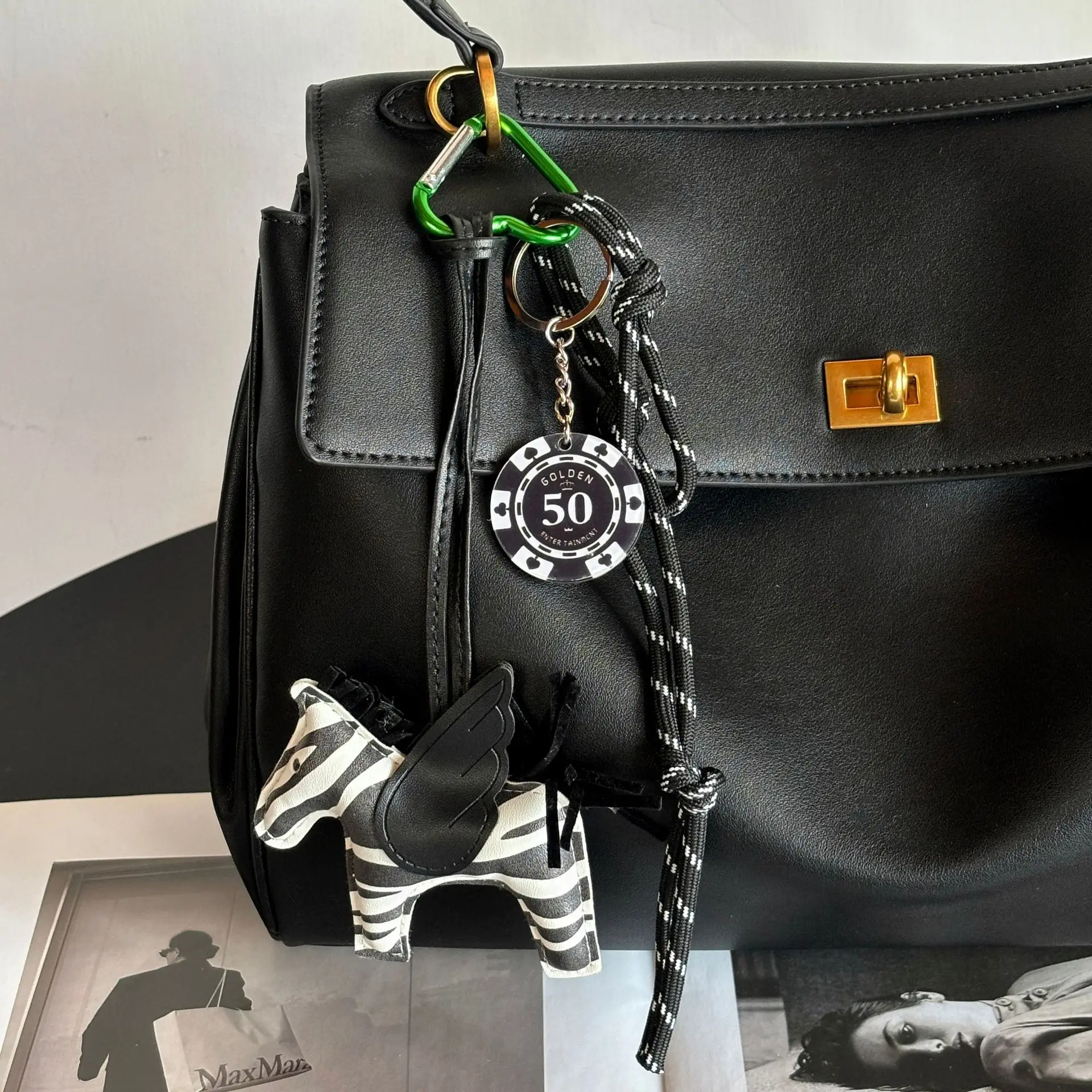 Small Pegasus bag charm black and white zebra PU leather braided rope chip code keychain for boys and girls pendant