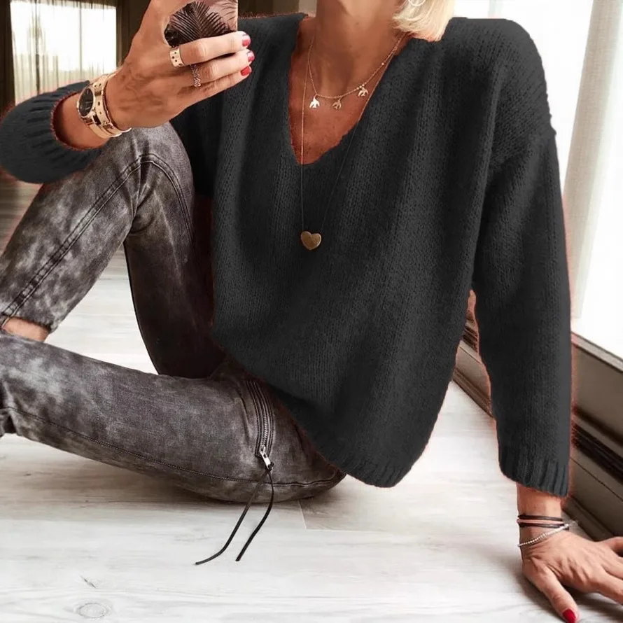 2025 Women's New Autumn and Winter Loose Casual V-Neck Shoulder Sweater